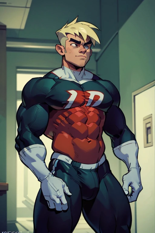 Danny Phantom, ghost, hypnosis, jock, conversion, locker room hallway, hyper muscles, jockstrap, bro, meathead, hypnotized, brainwashed, brainwashing, big dumb jock, football.  Glowing eyes. Hyper crotch bulge. Massive bulging crotch. Big balls. Big biceps. Big triceps. Big traps. Broad shoulders. Big meaty pecs. Big thighs. Thick glutes. Hyper muscles. Flat top buzz cut. Football team assimilation. Clothes turning into a football uniform. Danny Fenton turning into Dash Baxter. Black hair turning blonde. Twinning. Both are sneering. Cocky smirk.