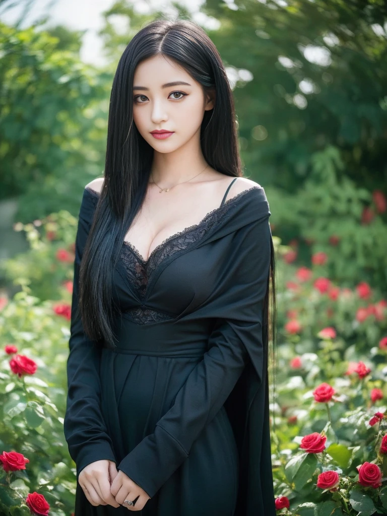 ((best quality, 8k, Masterpiece: 1.3)), 1 girl, Beautiful figure, slim stomach.: 1.3, (long black hairstyle,messy hair, big breasts: 1.4), Kawaii style , Blue off shoulder dress, Little smile, There is a see-through cloak., Off-the-shoulder shirt, Show off your abdominal muscles , Very smooth face, Sexy posted, delicate eyes, Double eyelids,on the rose Garden,Raise your hair,sleepy eyes,Gothic suit ,bokeh