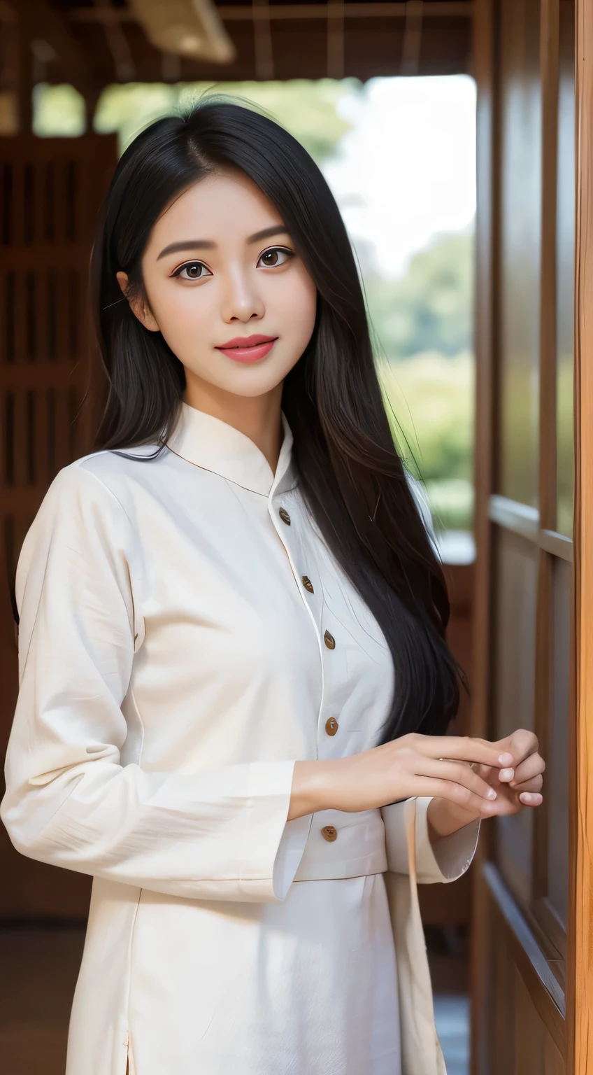 Asia  chillgirlfriend  Real สมจริง งามอย่างเอเชีย สูงหน้าสวย ผิวขาว long hairตรง ยิ้มสดใส แววดาร่าเริง เสน่ห์เย้ายวนสาวสวย ,Thai women&#39;warrior, walking at thai measure, dynamic poses, Thai dress, Strapless shirt, long hair,black eyes,abdominal muscles, plump body, rounded chest, (big breast:1.3), rift, morning sun, staring at the audience, (sexy poses), ((face details)), Double eyelids, realistic, Masterpiece, Highest quality, lens flare, shade, old measure, measure, [[Chromatic aberration]], digital painting, HDR, high contrast