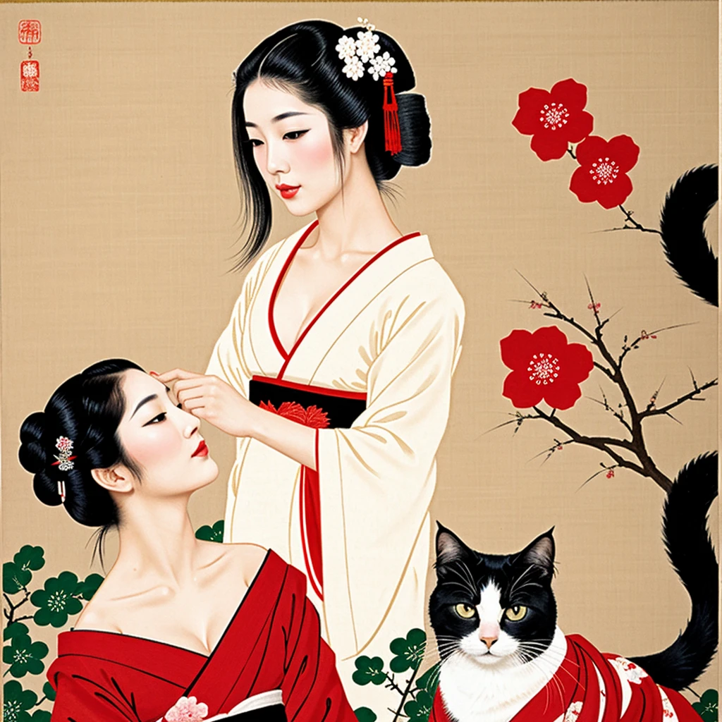 Geisha ,sexy,sensual, beautiful, japanese painting, drawing, petting a japanese cat 
 
 