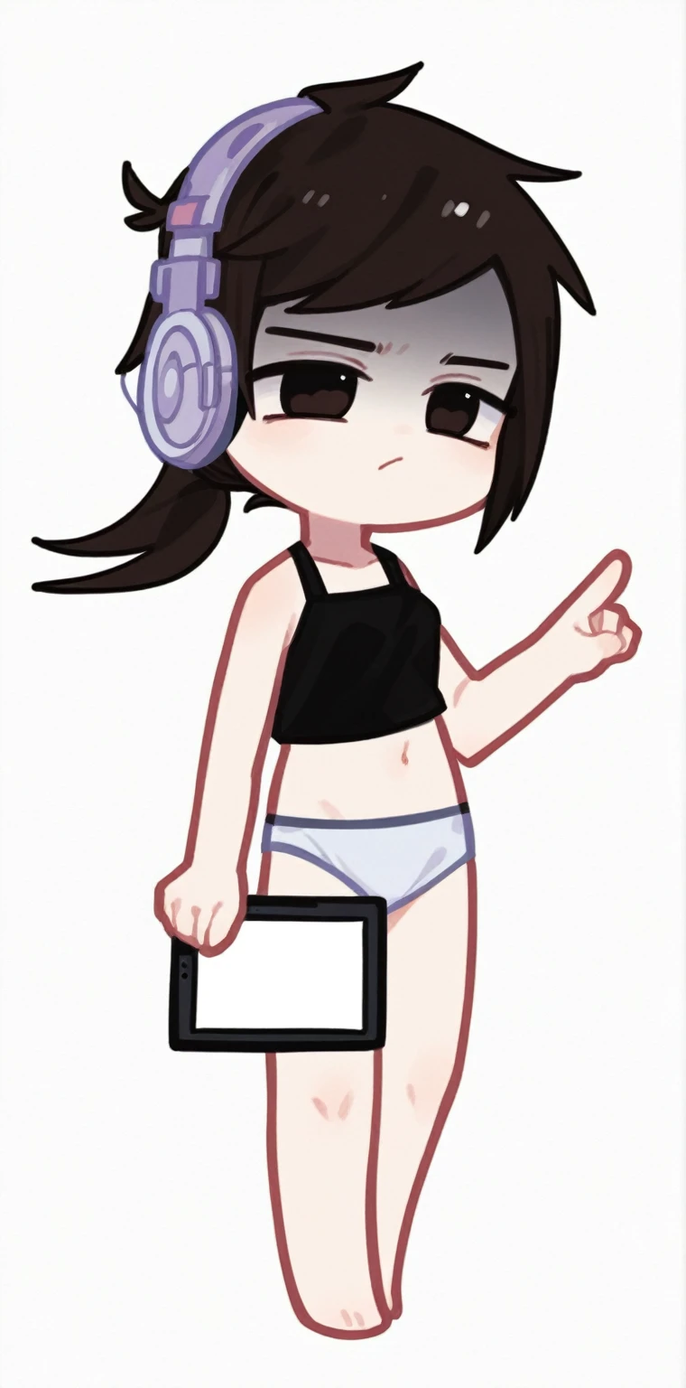 cartoon girl with headphones and a tablet pointing at something, full body!, in an anime style, full_body!!, ecchi anime style, with headphones, with head phones, chibi style, cel shaded!!!, unknown artstyle, thicc, jaidenanimations, chibi, anime moe artstyle, holding a pudica pose