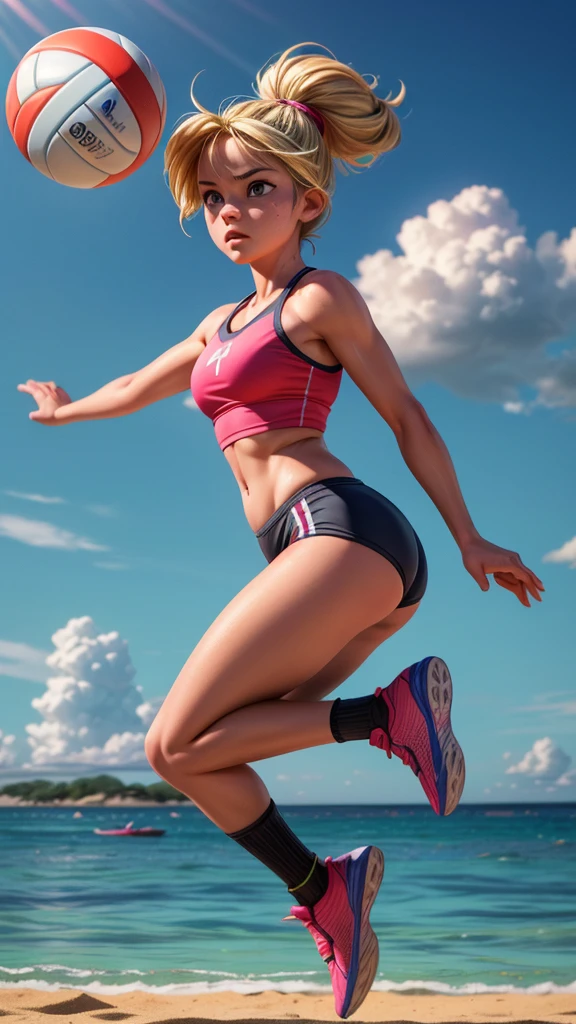 A girl athletically jumping and attacking a volleyball on a beach, muscular athletic body, blonde hair, intense focus expression, neon blue and pink volleyball uniform, sandy beach background, blue sky with fluffy clouds, sun rays, dynamic action pose, (best quality,8k,highres,masterpiece:1.2),ultra-detailed,(realistic,photorealistic,photo-realistic:1.37),detailed anatomy,detailed facial features,realistic skin texture,dynamic movement,dramatic lighting,vibrant colors,cinematic composition