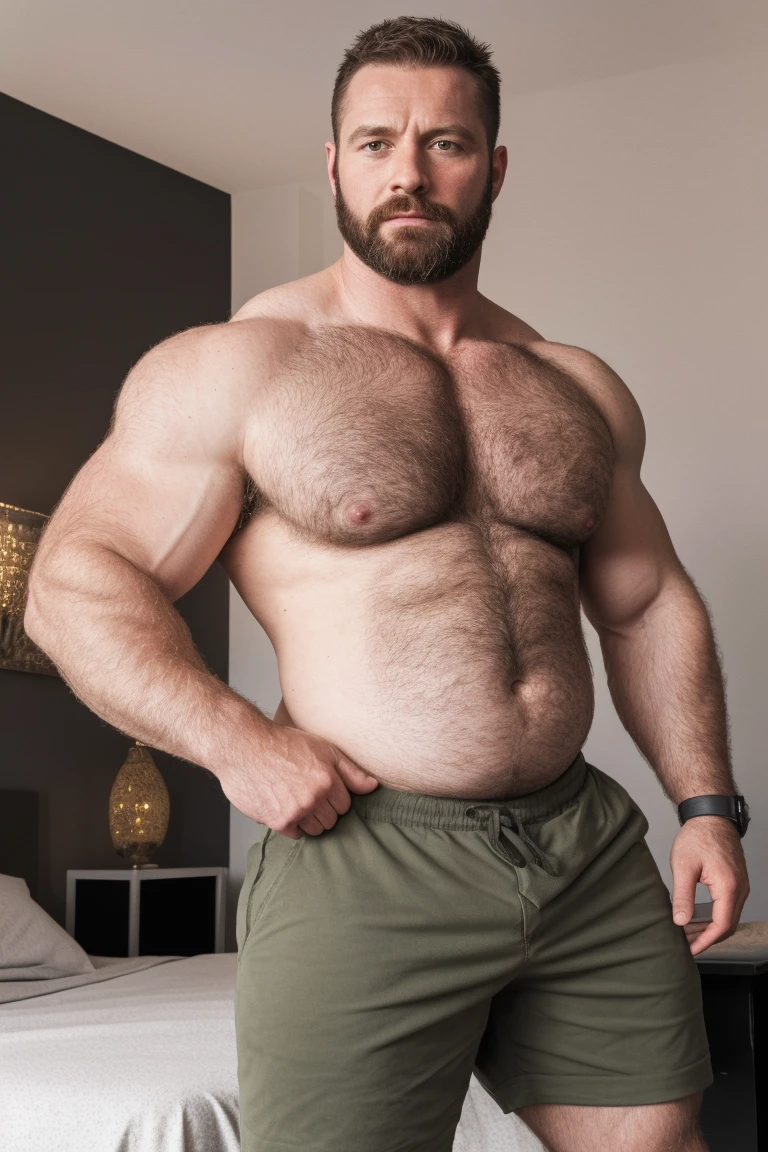 8K HDR Very Extremely Realistic Very Detailed High Quality 8K HDR Very Realistic 46 year old daddy rugged bodybuilder muscle bears man, 8KHDR very realistic detailed hairy, 8KHDR very realistic beared big daddy muscle bear, and 8KHDR very realistic detailed rugged burly man in shorts. 8KHDR Very Realistic legs, 8KHDR very realistic hair, 8KHDR very realistic beards, 8KHDR very realistic thick chubby fat neck, 8KHDR very realistic neck lines, 8KHDR very realistic detailed neck, 8KHDR very realistic belly, 8KHDR very realistic burly chest, 8KHDR very realistic detailed hairy burly strong chest and arms, 8KHDR very realistic detailed hairy burly strong chest and arms, 8KHDR very realistic pecs, 8KHDR very realistic burly muscle bear body, 8KHDR very realistic nipples, 8KHDR very realistic burly muscle bear body, 8KHDR very realistic face, 8KHDR very realistic detailed face, 8KHDR very realistic eyes, 8KHDR very realistic detailed eyes, 8KHDR very realistic pupils, 8KHDR very realistic detailed pupils, 8KHDR very realistic head, 8KHDR very realistic waist, 8KHDR very realistic facial features, 8KHDR very realistic burly arms, 8KHDR very realistic elbows, 8KHDR very realistic hands, 8KHDR very realistic pecs, 8KHDR very realistic belly, 8KHDR very realistic human man body, 8K HDR very realistic bellybutton, 8KHDR very realistic wrists, 8KHDR very realistic fingers, 8KHDR very realistic fingernails, 8KHDR very realistic shoulders, 8KHDR very realistic mouth, 8KHDR very realistic lips, 8KHDR very realistic mens clothing, 8KHDR very realistic detailed mens clothing. 8KHDR Very Realistic Hairy Bearded Burly Muscle bear Photoshoot, 8KHDR Very Realistic Ultra-detailed, 8KHDR very realistic detailed bedroom surroundings, 8KHDR very realistic surroundings lighting, No Deformities, captured with a 85mm lens, ( best quality, highres, realistic:1.37), Super real detailed skin, Ultra-detailed, Photorealistic 1.4, hyper photorealism, 8K HDR Clear HDR Quality