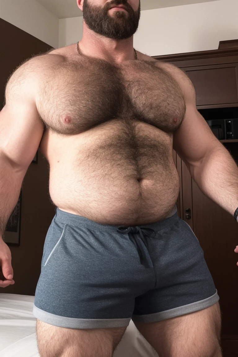 8K HDR Very Extremely Realistic Very Detailed High Quality 8K HDR Very Realistic 46 year old daddy rugged bodybuilder muscle bears man, 8KHDR very realistic detailed hairy, 8KHDR very realistic beared big daddy muscle bear, and 8KHDR very realistic detailed rugged burly man in shorts. 8KHDR Very Realistic legs, 8KHDR very realistic hair, 8KHDR very realistic beards, 8KHDR very realistic thick chubby fat neck, 8KHDR very realistic neck lines, 8KHDR very realistic detailed neck, 8KHDR very realistic belly, 8KHDR very realistic burly chest, 8KHDR very realistic detailed hairy burly strong chest and arms, 8KHDR very realistic detailed hairy burly strong chest and arms, 8KHDR very realistic pecs, 8KHDR very realistic burly muscle bear body, 8KHDR very realistic nipples, 8KHDR very realistic burly muscle bear body, 8KHDR very realistic face, 8KHDR very realistic detailed face, 8KHDR very realistic eyes, 8KHDR very realistic detailed eyes, 8KHDR very realistic pupils, 8KHDR very realistic detailed pupils, 8KHDR very realistic head, 8KHDR very realistic waist, 8KHDR very realistic facial features, 8KHDR very realistic burly arms, 8KHDR very realistic elbows, 8KHDR very realistic hands, 8KHDR very realistic pecs, 8KHDR very realistic belly, 8KHDR very realistic human man body, 8K HDR very realistic bellybutton, 8KHDR very realistic wrists, 8KHDR very realistic fingers, 8KHDR very realistic fingernails, 8KHDR very realistic shoulders, 8KHDR very realistic mouth, 8KHDR very realistic lips, 8KHDR very realistic mens clothing, 8KHDR very realistic detailed mens clothing. 8KHDR Very Realistic Hairy Bearded Burly Muscle bear Photoshoot, 8KHDR Very Realistic Ultra-detailed, 8KHDR very realistic detailed bedroom surroundings, 8KHDR very realistic surroundings lighting, No Deformities, captured with a 85mm lens, ( best quality, highres, realistic:1.37), Super real detailed skin, Ultra-detailed, Photorealistic 1.4, hyper photorealism, 8K HDR Clear HDR Quality