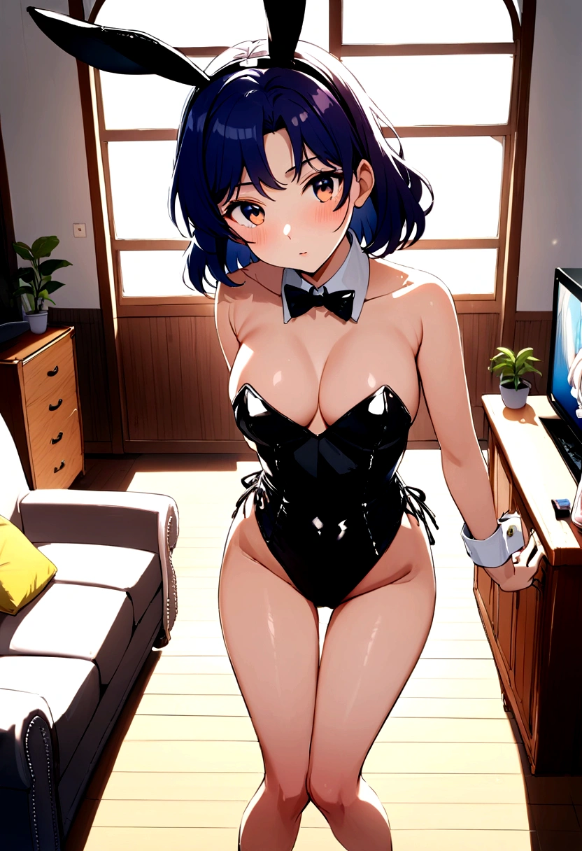 Misato Katsuragi, , short hair, face looking at viewer, sexy bunny, playboy. living room, sunny