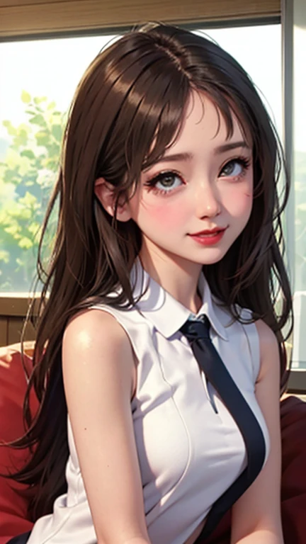 blush a little and smile, (Top quality masterpiece:1.2) Delicate illustrations, Very detailed, /Beautiful Japanese Women、1 person,Very cute and slim、Great style 、((8K images、super high quality))、Very delicate face, Skin and Hair、beautifule forehead、Red lipstick、(((((Long Hair、Light brown hair、lure))))),Very cute Japanese cut face、Eyes and nose are clearly visible、Kind eyes,((((Sleeveless fashion))))