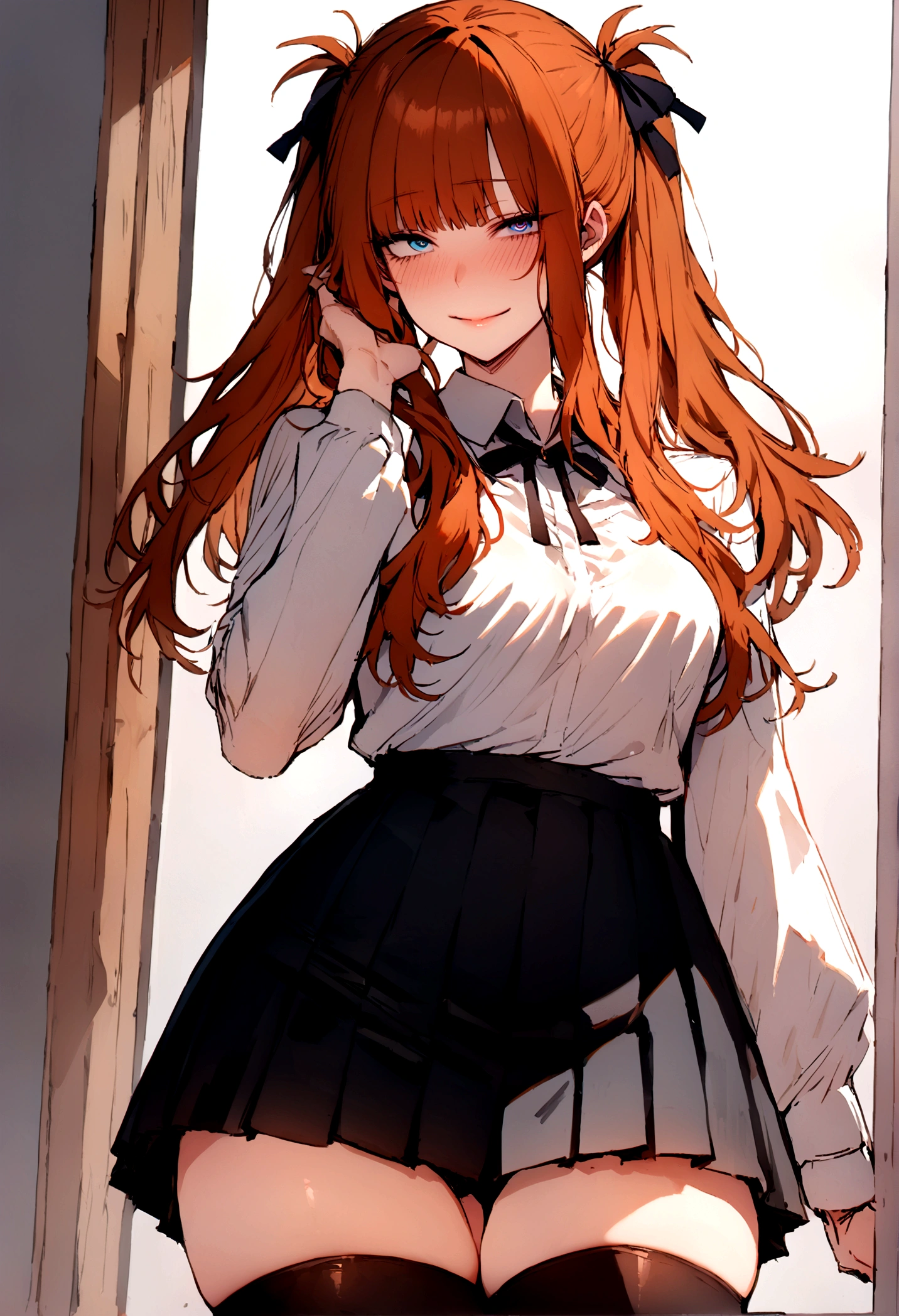 (masterpiece), best quality, expressive eyes, perfect face, 1girl, solo, blue eyes, dark orange Hair, Loose hair, hair ribbon, long hair, black ribbon, sidelocks, bangs two side up, smile, black skirt, black thigh-highs, long sleeves, miniskirt, pleated skirt, white blouse, thigh-highs, looking at viewer,