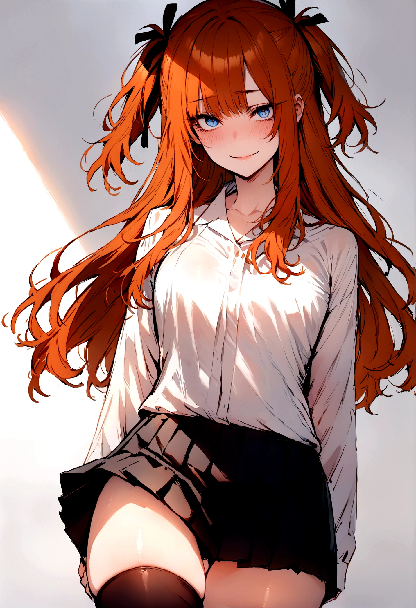 (masterpiece), best quality, expressive eyes, perfect face, 1girl, solo, blue eyes, dark orange Hair, Loose hair, hair ribbon, long hair, black ribbon, sidelocks, bangs two side up, smile, black skirt, black thigh-highs, long sleeves, miniskirt, pleated skirt, white blouse, thigh-highs, looking at viewer,