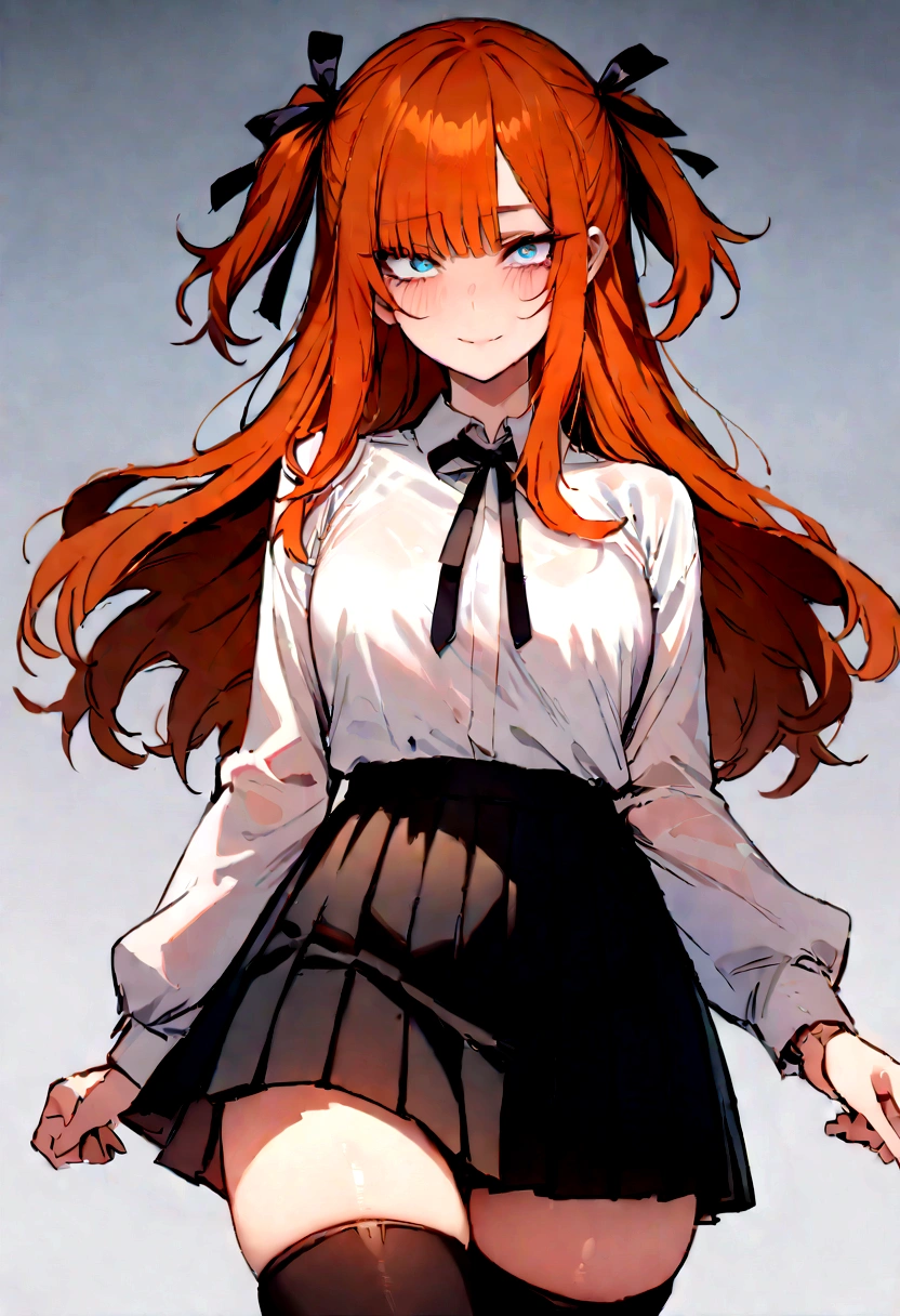 (masterpiece), best quality, expressive eyes, perfect face, 1girl, solo, blue eyes, dark orange Hair, Loose hair, hair ribbon, long hair, black ribbon, sidelocks, bangs two side up, smile, black skirt, black thigh-highs, long sleeves, miniskirt, pleated skirt, white blouse, thigh-highs,  looking at viewer,