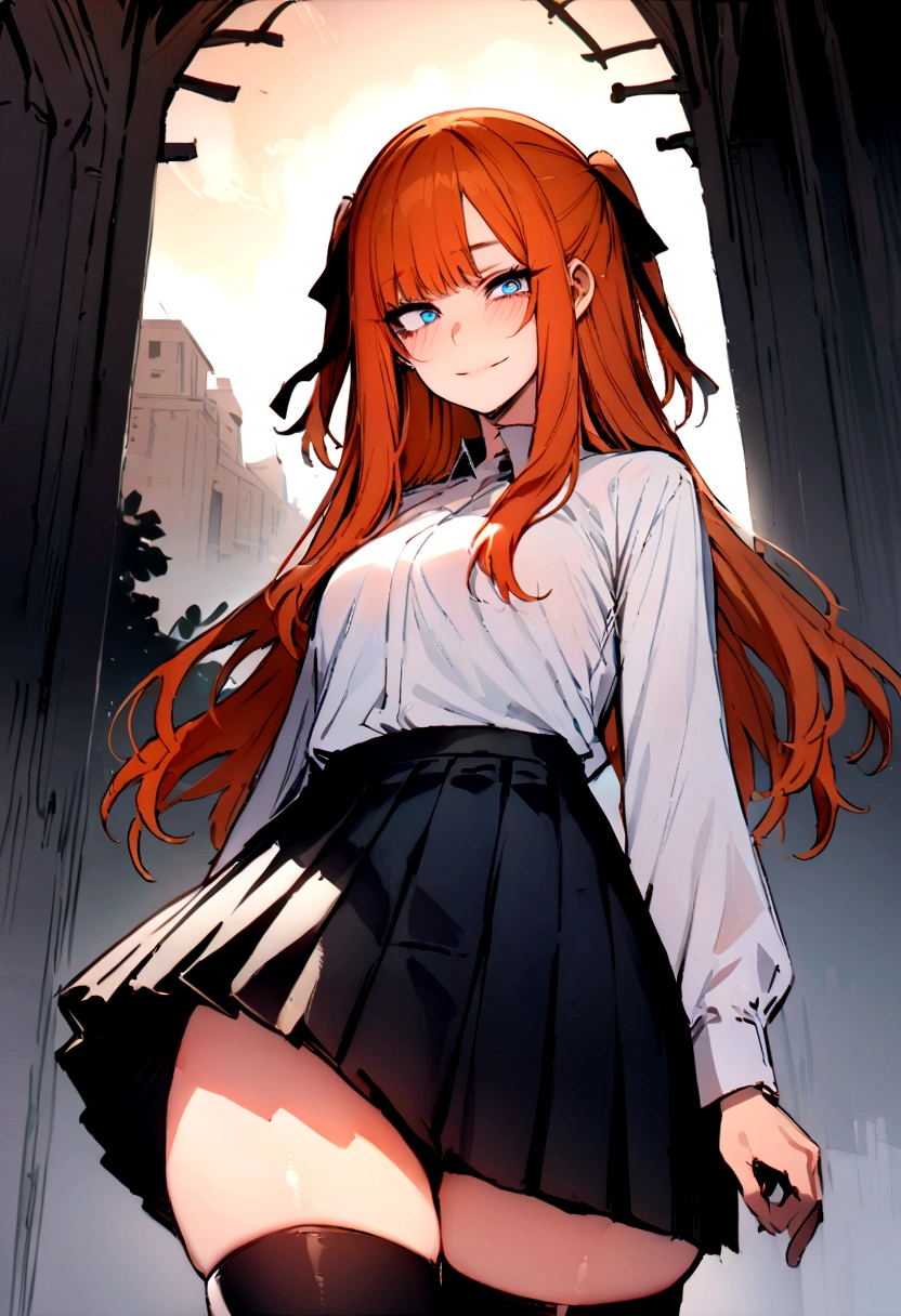 (masterpiece), best quality, expressive eyes, perfect face, 1girl, solo, blue eyes, dark orange Hair, Loose hair, hair ribbon, long hair, black ribbon, sidelocks, bangs two side up, smile, black skirt, black thigh-highs, long sleeves, miniskirt, pleated skirt, white blouse, thigh-highs,  looking at viewer,