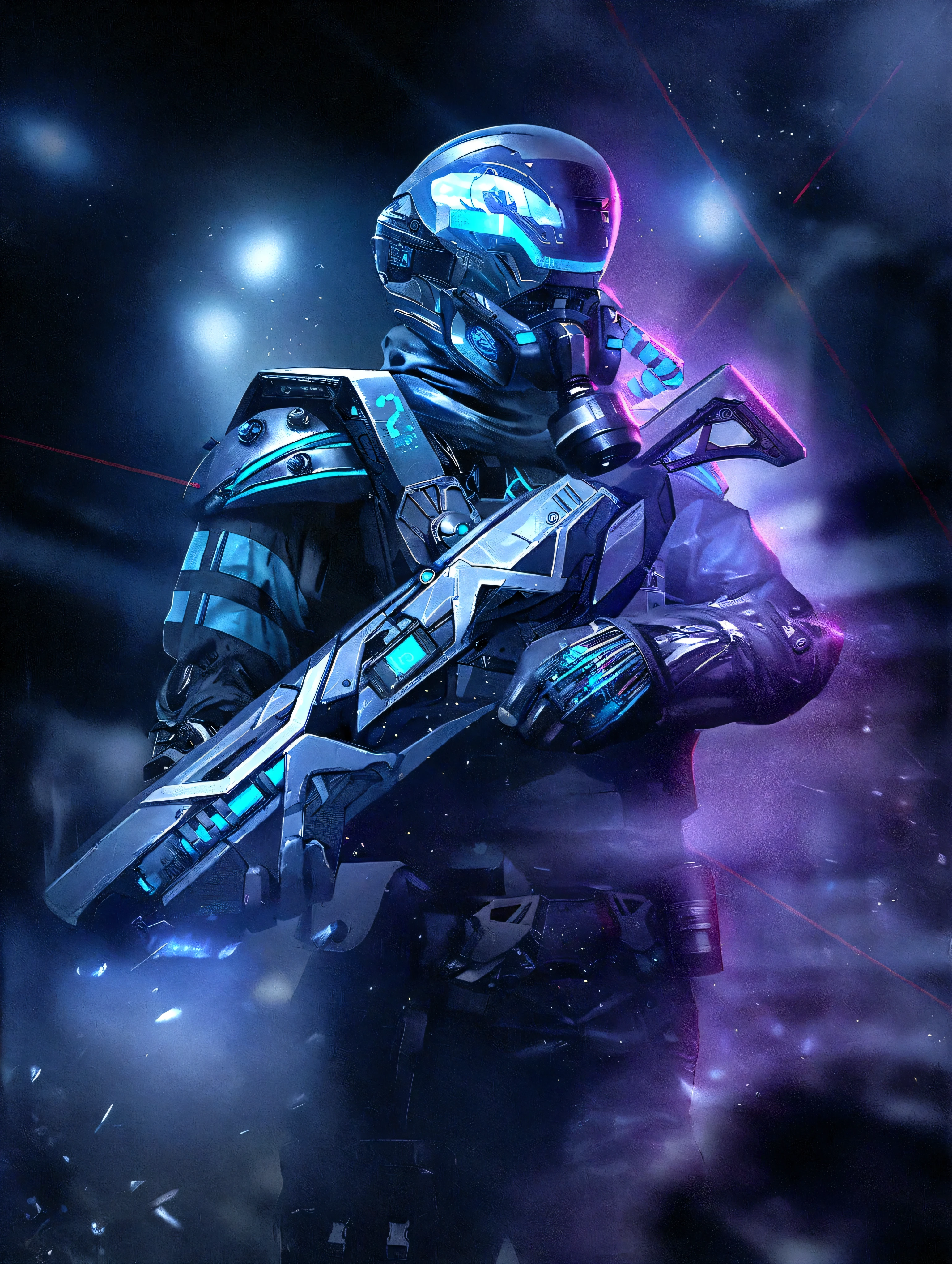 arafed image of a man in a futuristic suit holding a weapon, cyberpunk soldier, futuristic soldier, sci-fi soldier, epic scifi character art, epic sci-fi character art, epic sci - fi character art, fps game concept art, cyberpunk knight, with futuristic gear and helmet, cyber armour, space armor, sci-fi digital art, dark futuristic