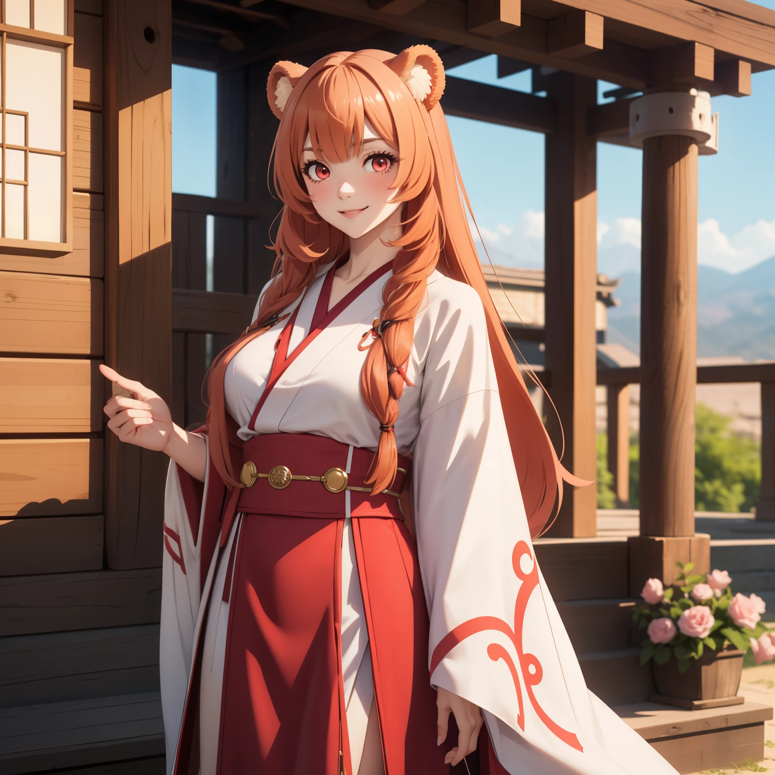Raphtalia woman 35 years old straight orange hair , bear ears redondeadas, red eyes like ruby., flirtatious smile, pale skin, big breasts, japanese priestess clothing, White and red, pink belt, , bear ears, , background montñas nevadas.