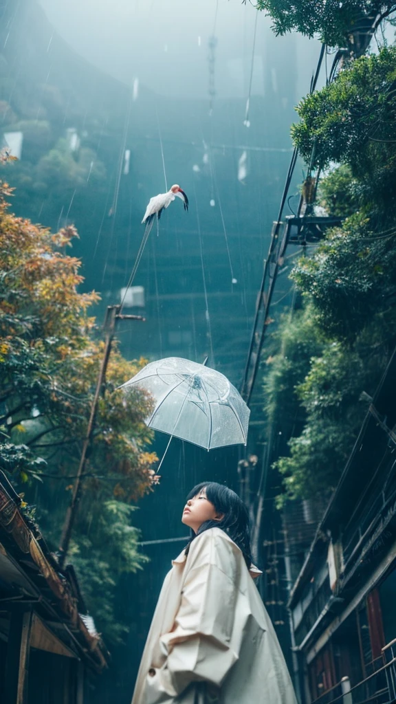 ((crane))、bird、Rainy Sky、1girl,from below