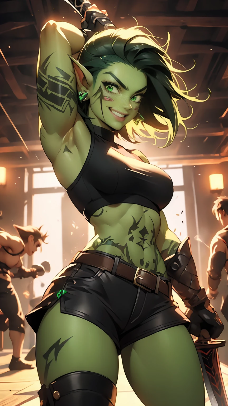 4k, extremely muscular goblin tomboy, brash, confident, green skin, pointy ears, green eyes, short length messy green punk hair, very small breasts, many tattoos, face tattoo, 1girl, solo, wearing black crop top, underboob, daisy duke shorts, leather armor, motion, motion blur, dynamic pose, action pose, cinematic, swinging a sword at a practice dummy, practicing, hitting hard, slashing, slicing, bouncing breasts, fast movement, bouncy breasts, grinning, happy, very detailed eyes, fierce, dangerous, sexy, holding sword, attacking, fighting