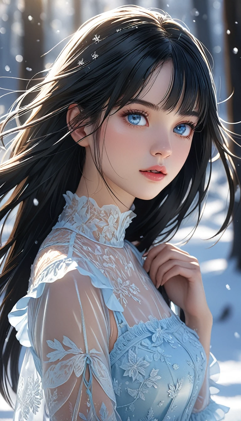 (((masterpiece))),best quality,illustration,8k wallpaper,UHD,high details,highres,16k,high quality,super detail,textured skin,accurate,anatomically correct,award winning,movie lighting,(medium shot),absurd,1 girl,(ice),in winter,(pale blue eyes),longeyelashes,pupils sparkling,(black hair),shiny hair,medium hair style,(straight hair),transparent clothes,frills,lace,white dress,leave_Shoulder,hair tie,telephoto lens,absurd,Exquisite face,features,natural light,soft light,(Seven-part combination),epic,Dreamy and magical,mystery,