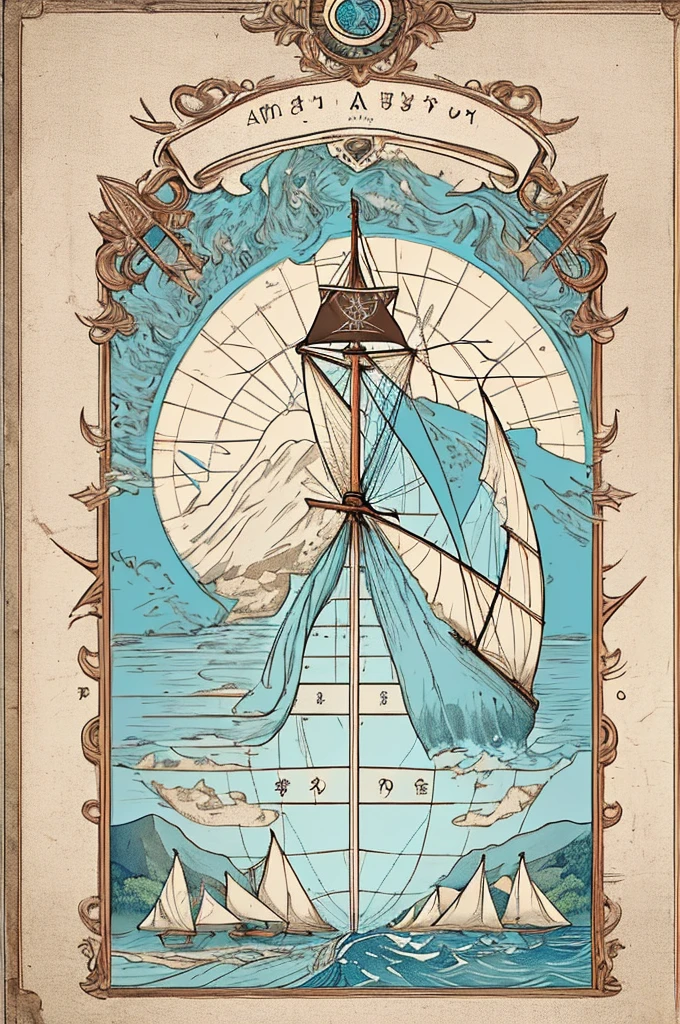 Create a detailed 2D illustration of a map featuring several islands scattered across a wide ocean. Each island should be uniquely shaped and include features such as mountains, forests, rivers, and beaches, depicted in a stylized, map-like manner. The islands should have clear labels with names in an elegant, handwritten font. In the ocean, include a classic wooden sailing boat with white sails, positioned near one of the islands. The map should have a vintage, nautical theme with elements like a compass rose, sea monsters, and decorative borders. Use a color palette that includes earthy tones for the land and various shades of blue for the ocean, evoking an old-world charm.
