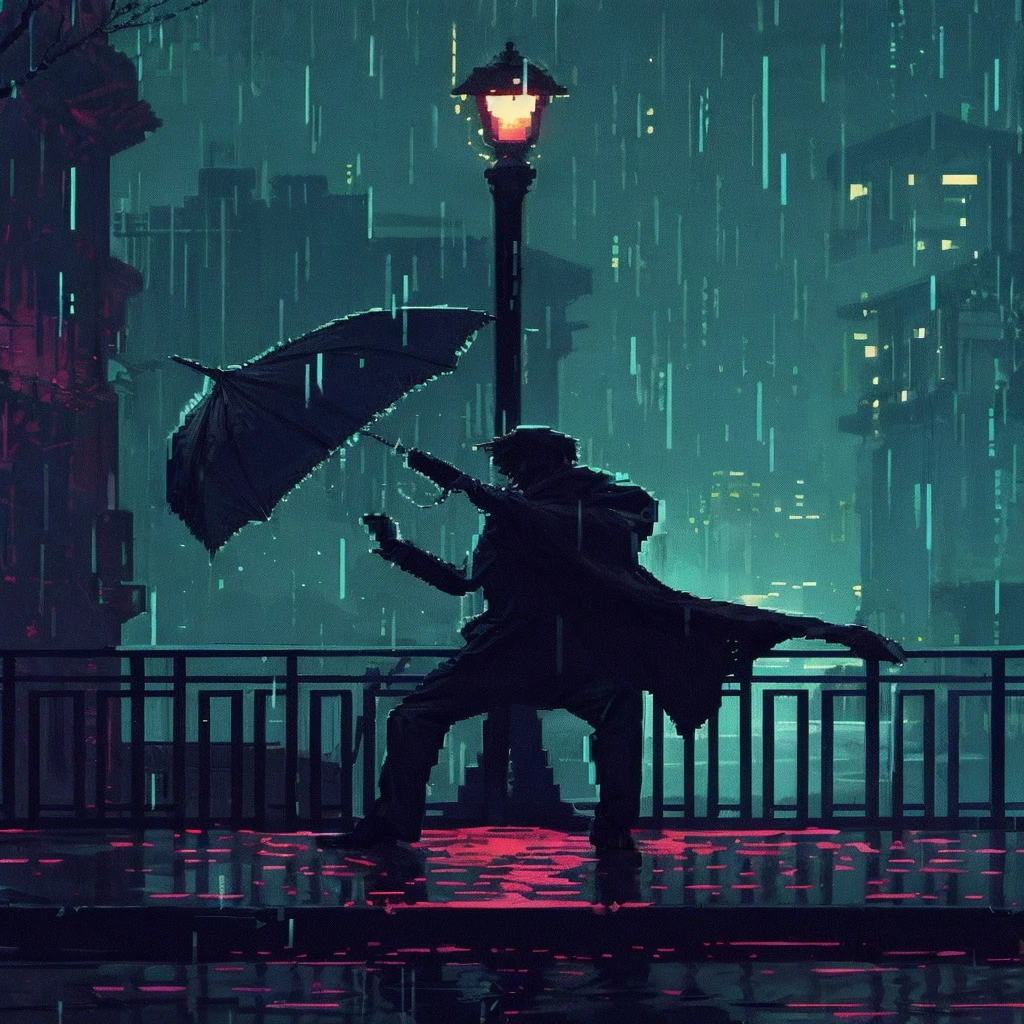 8-bit pixel art, film noir, a well-dressed man is dancing in the rain while holding an umbrella, elaborate details