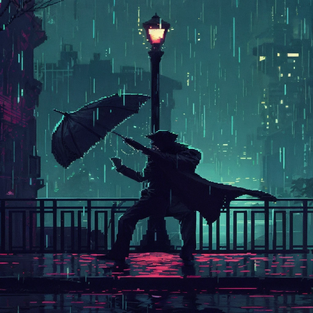 8-bit pixel art, film noir, a well-dressed man is dancing in the rain while holding an umbrella, elaborate details