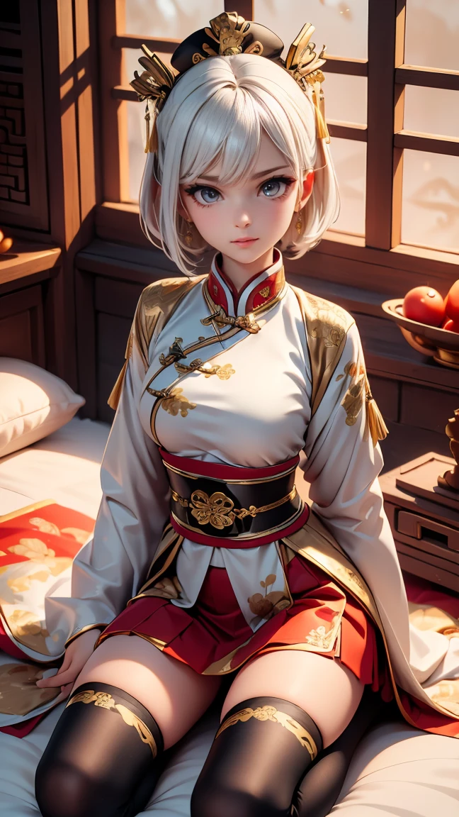 A very beautiful 19-year-old woman, (white hair:0,5), bob haircut, short hair, (yellow eyes:0.5) bright golden eyes, red nails, young beautiful face, muscular, slim but well-proportioned body, perfect white skin, highly detailed drawing, realistic face. (((Wearing traditional Chinese imperial clothes, black With gold details:0,8))) ((red skirt with contour golden,)) (with red Hanafuda earrings,) (garterbelt black thigh-high socks.) Kneeling on a white bed in an ancient Chinese room, with a full moon and stars visible through the window, with light flashes reflecting on her body. 4k anime art, perfect lighting.