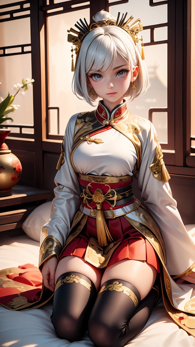 A very beautiful 19-year-old woman, (white hair:0,5), bob haircut, short hair, (yellow eyes:0.5) bright golden eyes, red nails, young beautiful face, muscular, slim but well-proportioned body, perfect white skin, highly detailed drawing, realistic face. (((Wearing traditional Chinese imperial clothes, black With gold details:0,8))) ((red skirt with contour golden,)) (with red Hanafuda earrings,) (garterbelt black thigh-high socks.) Kneeling on a white bed in an ancient Chinese room, with a full moon and stars visible through the window, with light flashes reflecting on her body. 4k anime art, perfect lighting.