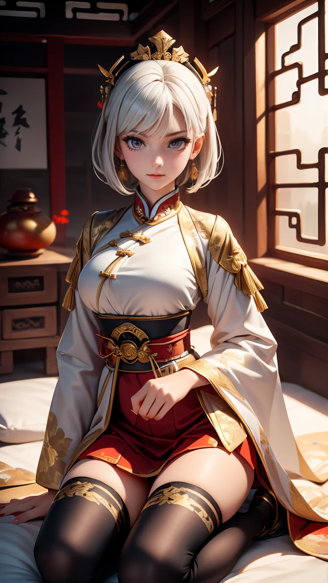 A very beautiful 19-year-old woman, (white hair:0,5), bob haircut, short hair, (yellow eyes:0.5) bright golden eyes, red nails, young beautiful face, muscular, slim but well-proportioned body, perfect white skin, highly detailed drawing, realistic face. (((Wearing traditional Chinese imperial clothes, black With gold details:0,8))) ((red skirt with contour golden,)) (with red Hanafuda earrings,) (garterbelt black thigh-high socks.) Kneeling on a white bed in an ancient Chinese room, with a full moon and stars visible through the window, with light flashes reflecting on her body. 4k anime art, perfect lighting.