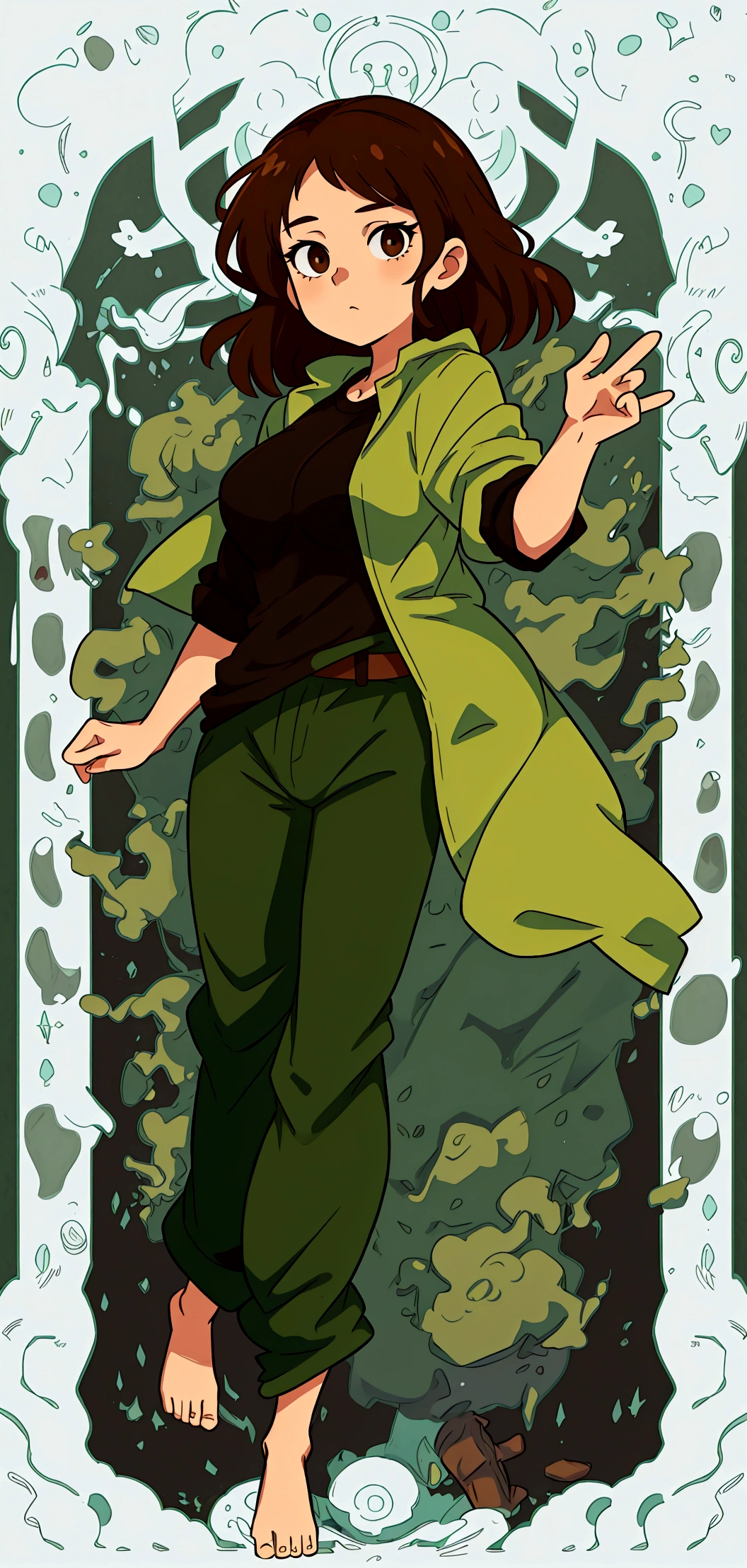 Girl with brown hair, green pants and black shirt, cel shaded!!!, single character full body, Random Pose, full body portrait of a short!, cel shaded:15, !!full-length portrait!!, Anime model in full growth, single character full body, female full body, oc render, Full-length female body,
