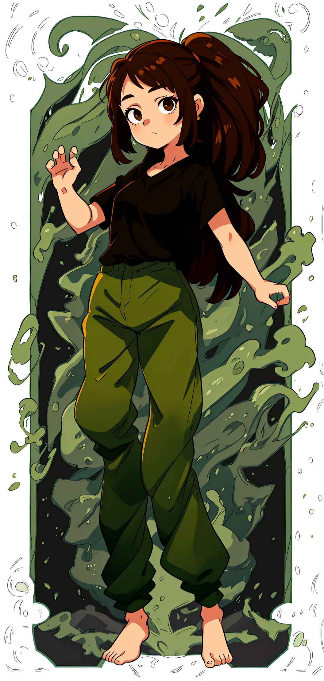 Girl with brown hair, green pants and black shirt, cel shaded!!!, single character full body, Random Pose, full body portrait of a short!, cel shaded:15, !!full-length portrait!!, Anime model in full growth, single character full body, female full body, oc render, Full-length female body,???