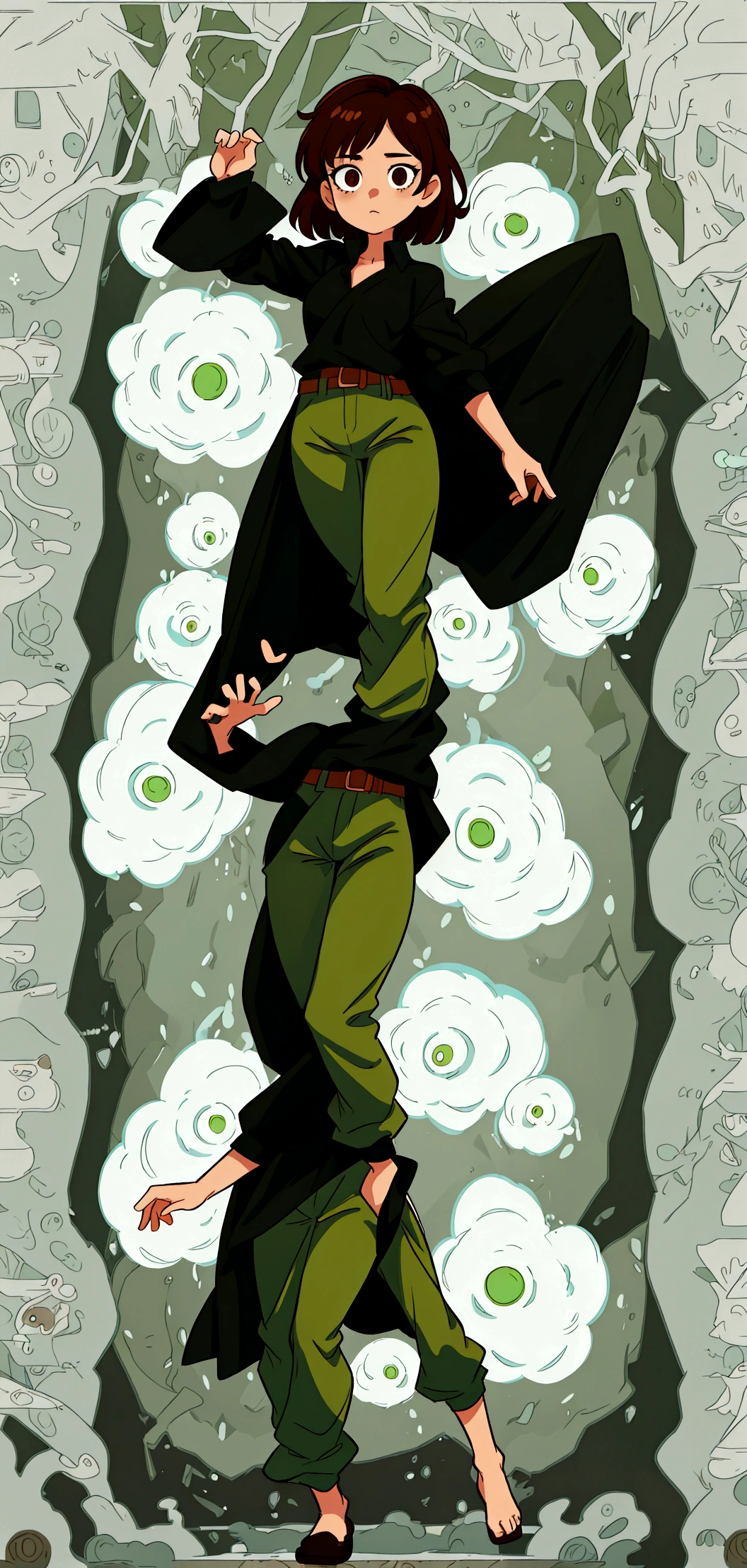 Girl with brown hair, green pants and black shirt, cel shaded!!!, single character full body, Random Pose, full body portrait of a short!, cel shaded:15, !!full-length portrait!!, Anime model in full growth, single character full body, female full body, oc render, Full-length female body,???