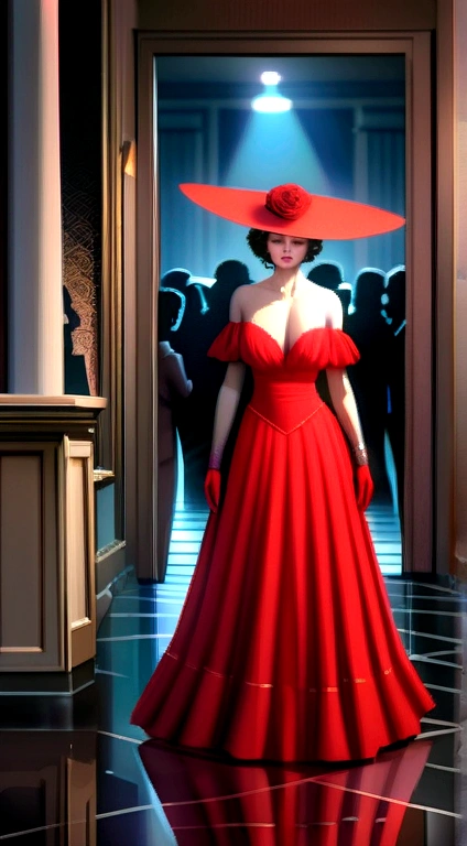 Rey Skywalker in the spotlight with a lot of glamor wearing a long red dress with an athletic body and a larger bust highlighted, using a wide-brimmed hat with a lot of glamor among many people dancing a waltz at a masquerade ball in a mansion hyper realistic cinematic scene 8k resolution with a larger bust and red gloves focusing on her face