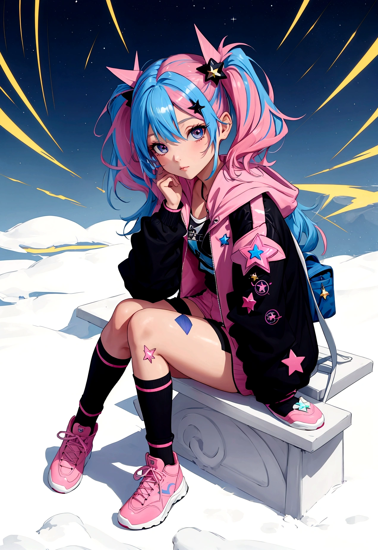 masterpiece,best quality,8k,cinematic light,ultra high res,chibi,1girl,bag,backpack,solo,multicolored hair,shorts,star \,(symbol\),blue hair,hood,sitting,pink hair,star hair ornament,head rest,socks,pink footwear,black shorts,hair ornament,full body,boots,bandaid,gradient,twintails,jacket,