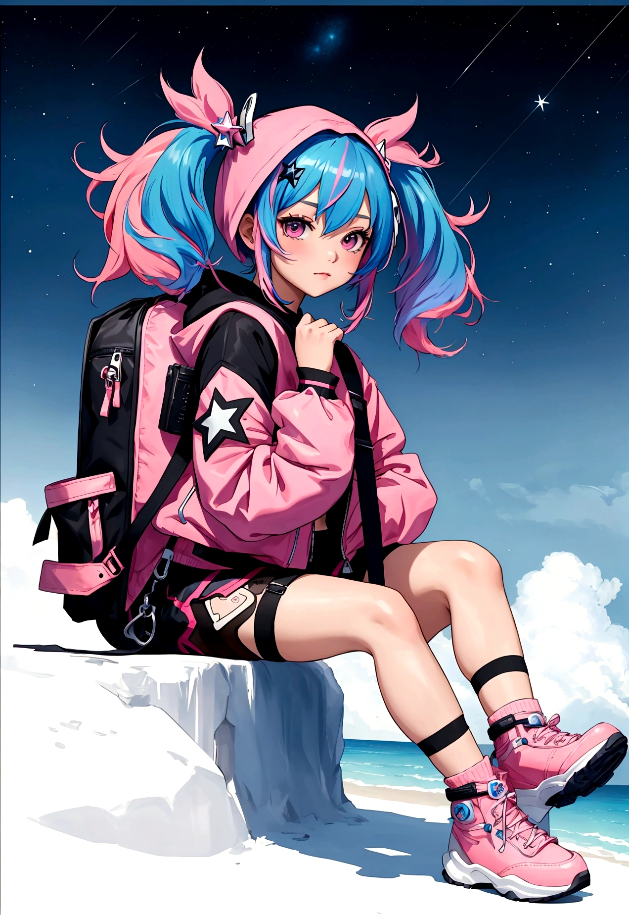 masterpiece,best quality,8k,cinematic light,ultra high res,chibi,1girl,bag,backpack,solo,multicolored hair,shorts,star \,(symbol\),blue hair,hood,sitting,pink hair,star hair ornament,head rest,socks,pink footwear,black shorts,hair ornament,full body,boots,bandaid,gradient,twintails,jacket,