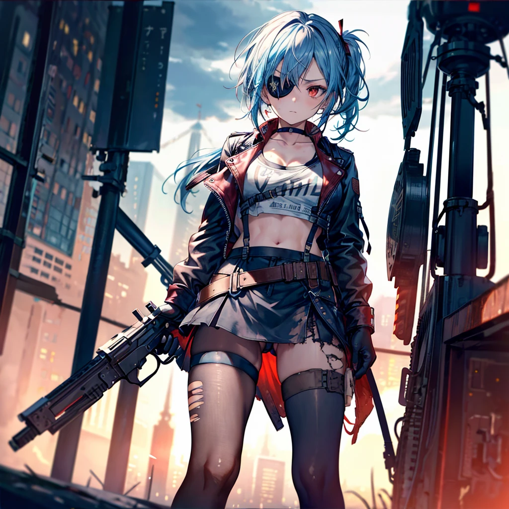 ((Highest quality)), ((masterpiece)), ((detailed)), (4K), 1girl, 独奏, red eye, (eyepatch), middle hair, messy hair, indigo blue hair, side ponytail, crop top, leather jacket, large breasts, Torn miniskirt, suspender skirt, torn pantyhose, panties under pantyhose, choker, bracelet, (rain), (wet), gloves, see through, (expressionless), scowl, (from below), (looking down), looking at viewer, (open legs), wasteland, town, blurry background