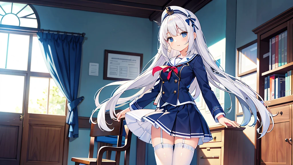 Extremely detailed great image quality 1 white-haired girl with ribbon decorations on her head, blue eyes at school navy blue miniskirt Women with white stockings at home