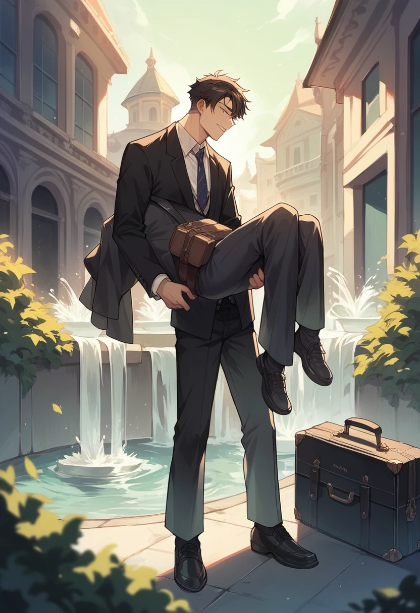 A man wearing a black suit carrying a suitcase, in the middle of the city, with a fountain in the middle,