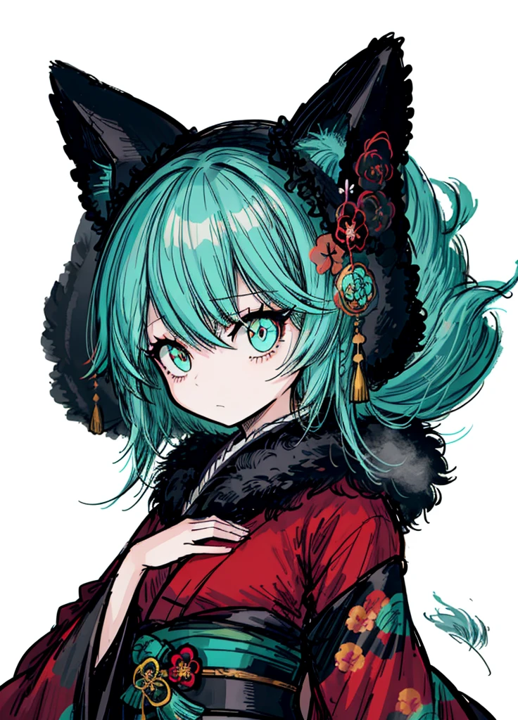 1girl, ocean turquoise hair, kitsune, tail fur ,kimono, noble, elegant, beautiful clothes, (high resolution, high detail, best quality), 
black background, shy