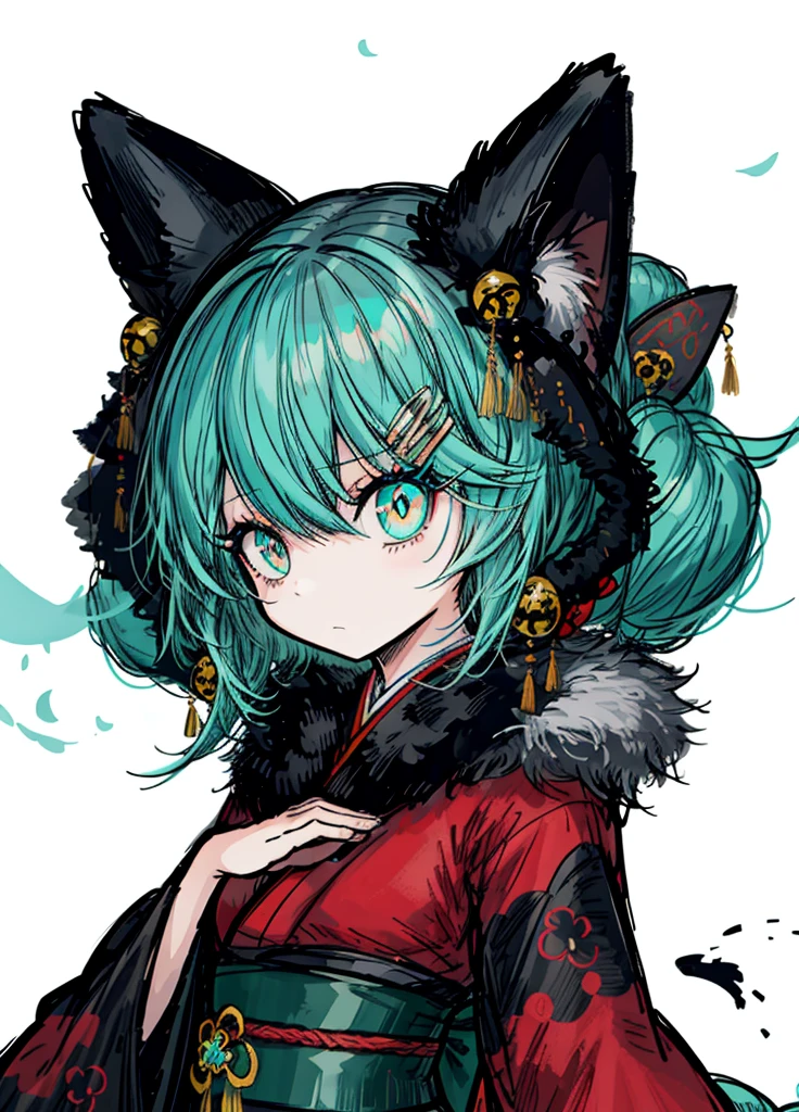 1girl, ocean turquoise hair, kitsune, tail fur ,kimono, noble, elegant, beautiful clothes, (high resolution, high detail, best quality), 
black background, shy