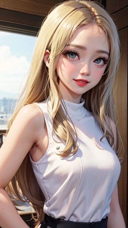 Blushing lightly and smiling, (Top quality masterpiece:1.2) Delicate illustrations, Very detailed, /Beautiful woman Japan in her 30s、1 person,Very cute and slim、Excellent style 、((8K images、super high quality))、Very delicate face, Skin and Hair、beautiful forehead、Red lipstick、(((((long hair、Gradient Hair、Blonde))))),Very cute Japanese cut face、Eyes and nose are clearly visible、Kind eyes,(White shirt、Slightly see-through underwear)、Hotel Rooms
