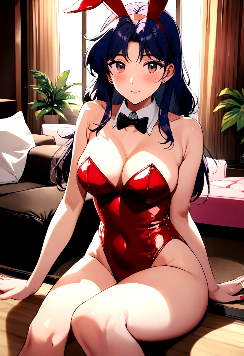 Misato Katsuragi, , face looking at viewer, sexy bunny, playboy. living room, sunny
