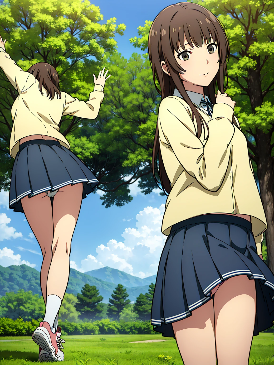 ((1 Girl))Happy,Outdoor.garden、From below、from the front((Multiple Views))Best image quality,High brightness,whole body,Low Angle,Embroidered panties,mini skirt,high school girl,Official Anime,amagami,Risa Kanzaki,loose socks,sneakers