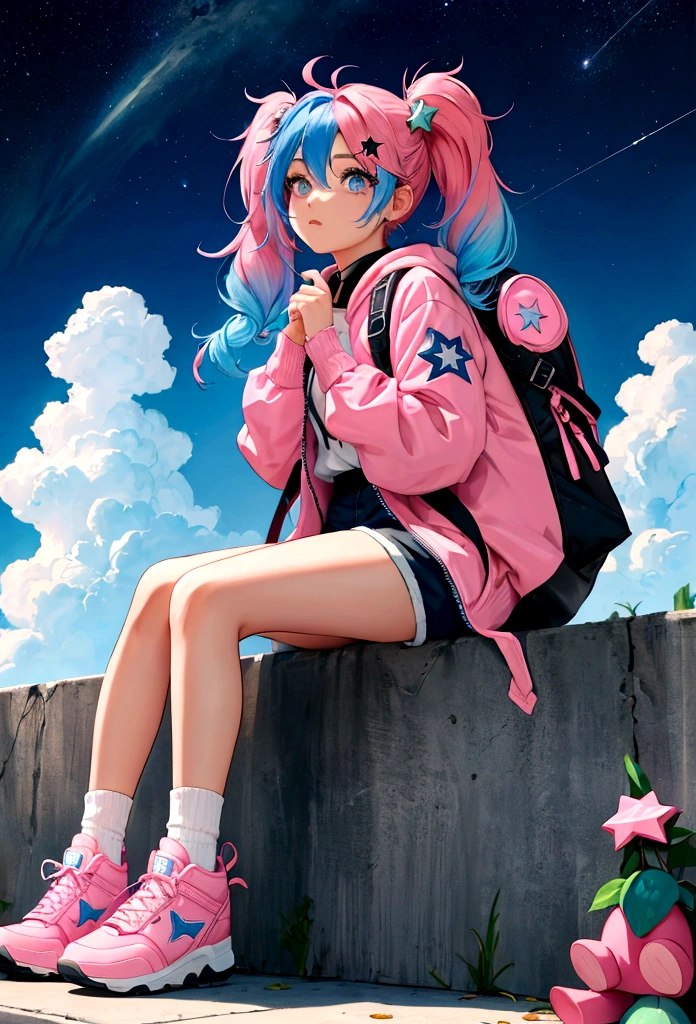 masterpiece,best quality,8k,cinematic light,ultra high res,chibi,1girl,bag,backpack,solo,multicolored hair,shorts,star \,(symbol\),blue hair,hood,sitting,pink hair,star hair ornament,head rest,socks,pink footwear,black shorts,hair ornament,full body,boots,bandaid,gradient,twintails,jacket,