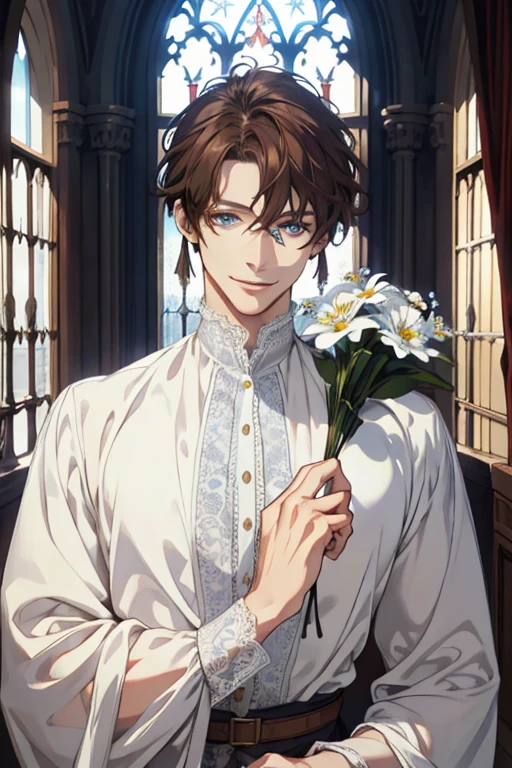 1 man, Realistic, master-piece, bestquality, Beautiful, detailed eyes and detailed faces.,natural light, Medieval Fantasy, European retro, White shirt, lace, Long dark brown hair, blue grey eyes, attractive, depressed, Decorative flowers, sunbeam. Expression smile in love, 31 years.