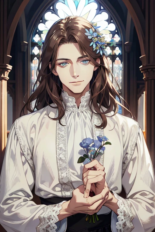 1 man, Realistic, master-piece, bestquality, Beautiful, detailed eyes and detailed faces.,natural light, Medieval Fantasy, European retro, White shirt, lace, Long dark brown hair, blue grey eyes, attractive, depressed, Decorative flowers, sunbeam. Expression smile in love, 31 years.