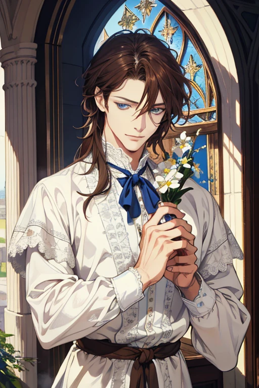 1 man, Realistic, master-piece, bestquality, Beautiful, detailed eyes and detailed faces.,natural light, Medieval Fantasy, European retro, White shirt, lace, Long dark brown hair, blue grey eyes, attractive, depressed, Decorative flowers, sunbeam. Expression smile in love, 31 years.