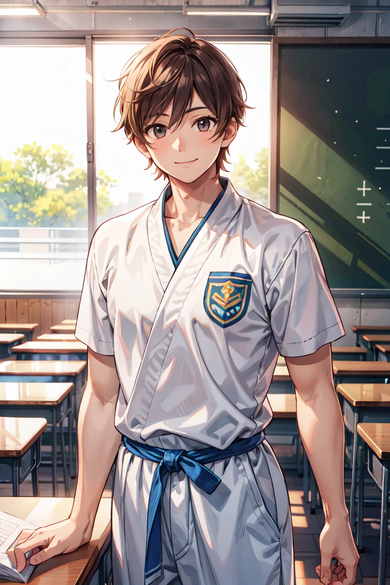 A refreshing man, , In the classroom, Short hair, ash brown,, A light smile, There is a judo uniform in the background, Ultra HD, Realistic, Bright colors, High detail, UHD rendering, Perfect composition, A beautiful and detailed complex