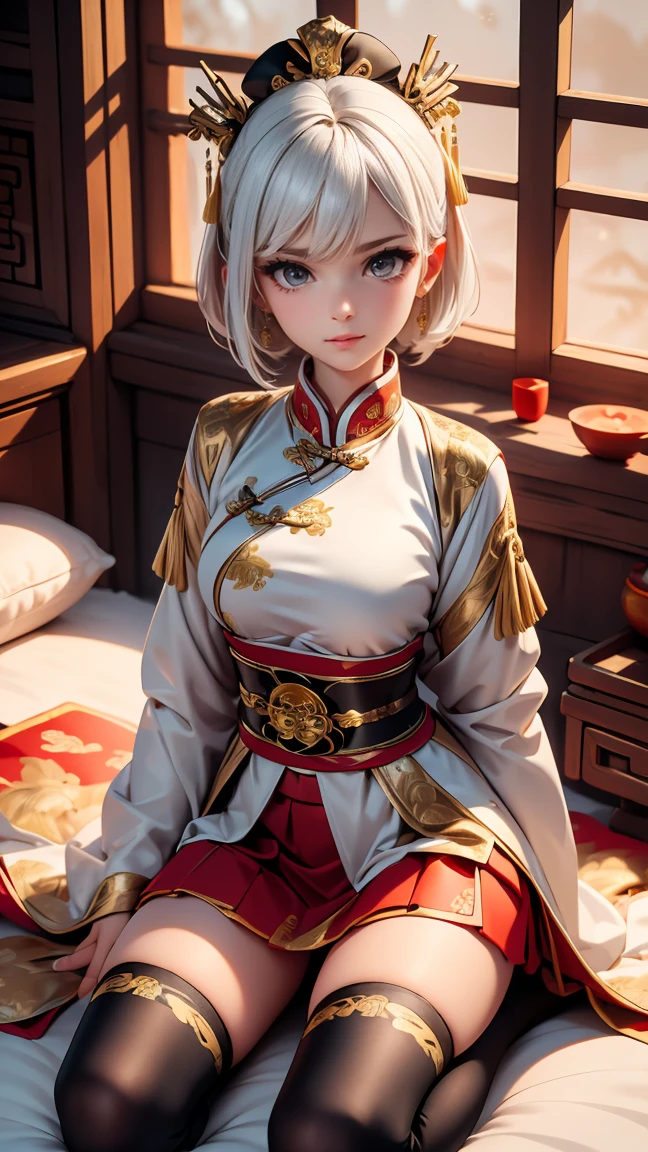 A very beautiful 19-year-old woman, (white hair:0,3), bob haircut, short hair, (yellow eyes:0.5) bright golden eyes, red nails, young beautiful face, muscular, slim but well-proportioned body, perfect white skin, highly detailed drawing, realistic face. (((Wearing traditional Chinese imperial clothes, black With gold details:0,8))) ((red skirt with contour golden,)) (with red Hanafuda earrings,) (garterbelt black thigh-high socks.) Kneeling on a white bed in an ancient Chinese room, with a full moon and stars visible through the window, with light flashes reflecting on her body. 4k anime art, perfect lighting.