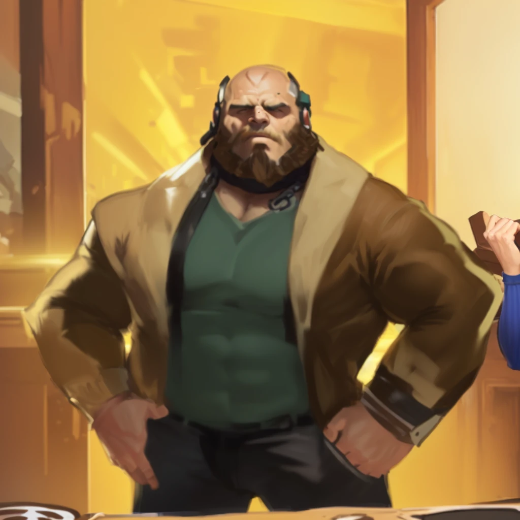 there is a man and a woman standing in a room, heavy looking, buff man, manly monster tough guy, burly man, very buff, intimidating man, big butcher man posing scarily, middle aged balding superhero, disco elysium style!!!, robust stocky body, beefy, disco elysium character, heavy weapons guy, disco elysium style