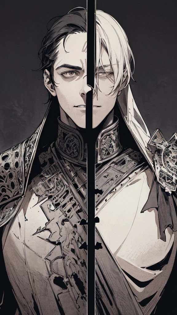 Best quality, (background_detail), high_contrast, detail_original_illustration, warrior, muscular, villain face, armored, full_body, medieval, crease between eyes, young man, man in 20s, dark_stitch_landscape, (dramatic_lighting:1. 25), (shaded_background:1.2), black_hair, (short black hair:) 1.1 ), Large figure, Delicate face, Evil smile, Sharp eyes, Black background, (Black background:1.5), Beautiful line drawing, Black and white