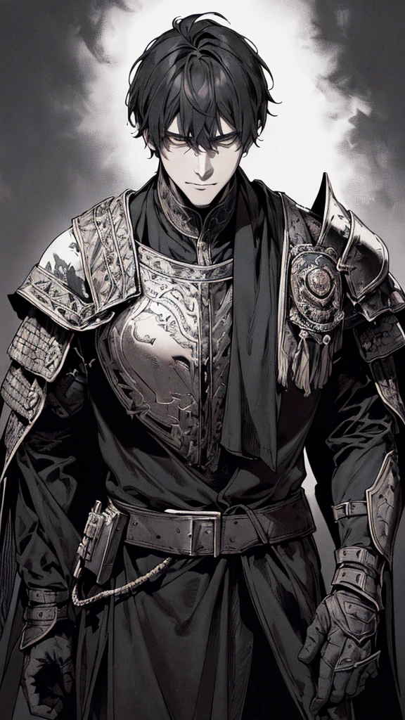 Best quality, (background_detail), high_contrast, detail_original_illustration, warrior, muscular, villain face, armored, full_body, medieval, crease between eyes, young man, man in 20s, dark_stitch_landscape, (dramatic_lighting:1. 25), (shaded_background:1.2), black_hair, (short black hair:) 1.1 ), Large figure, Delicate face, Evil smile, Sharp eyes, Black background, (Black background:1.5), Beautiful line drawing, Black and white