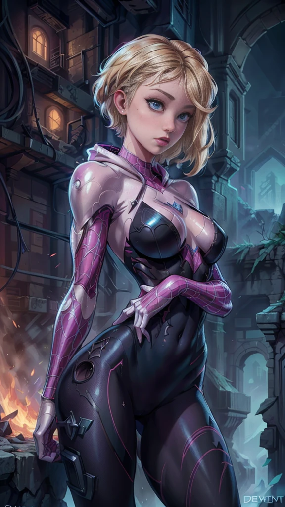 (La Best Quality,A high resolution,Ultra - detailed,actual),Gwen Stacy traje de Spiderman white women, ,(Cyberpunk ruined dungeon ruins background :1.4 ), More detailed 8K.unreal engine:1.4,UHD,La Best Quality:1.4, photorealistic:1.4, skin texture:1.4, Masterpiece:1.8,first work, Best Quality,object object], (detailed face features:1.3),(The correct proportions),(Beautiful blue eyes),  (cowboy pose), (Gwen Stacy:1.4),( face detailed Gwen Stacy:1.4), Epic Fantasy Art Style HD, 4K fantasy art, epic fantasy digital art style, epic fantasy art style, Fantasy Woman, epic fantasy art portrait, Epic fantasy style, hyperrealistic fantasy art, hd fantasy art, Epic fantasy character art, epic fantasy art, in style of dark fantasy art, epic fantasy digital art