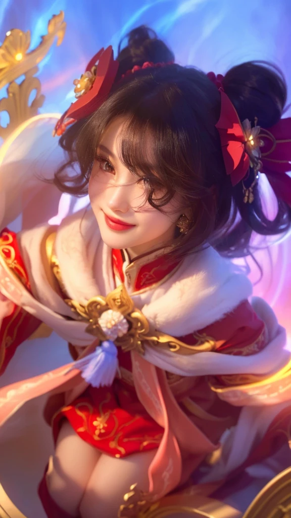 a young girl in a red dress, close up, onmyoji portrait, beautiful celestial mage, extremely detailed facial features, piercing eyes, radiant smile, flawless porcelain skin, regal expression, intricate ornate headdress, flowing celestial robes, ethereal glowing energy, dramatic lighting, cinematic composition, vibrant saturated colors, digital painting, masterpiece, photorealistic, 8k, hyper detailed